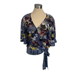 New York & Co XS Blue Print Sheer Draped Flutter Sleeve Top